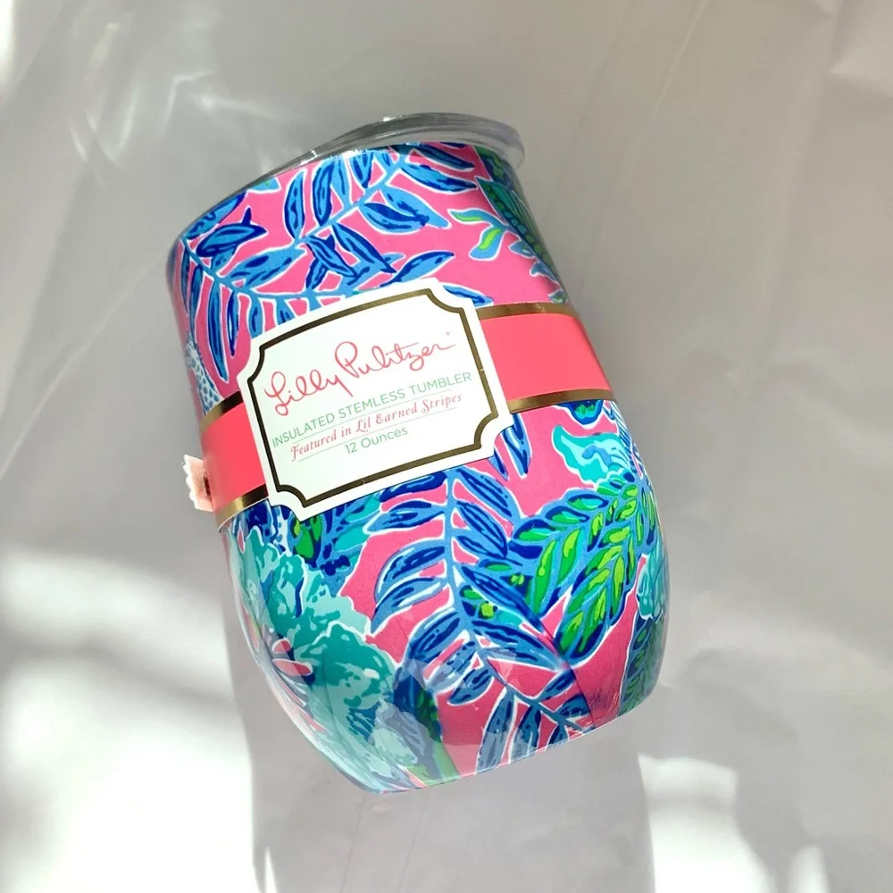 NEW Lilly Pulitzer Insulated Stemless Tumbler Pink Isle Lil Earned Stripes - Picture 1 of 15